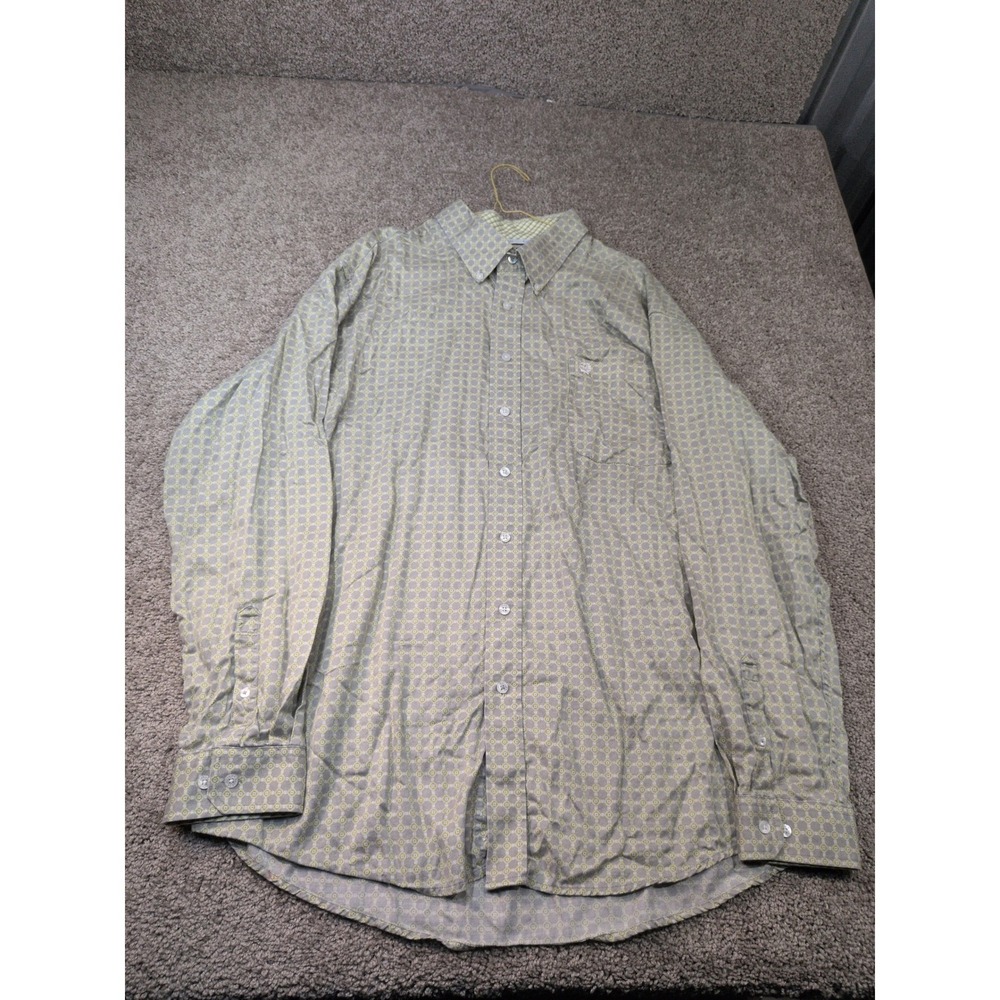 Cinch Mens XL Long Sleeve Button Down Shirt Grey Lime Green Geometric Print